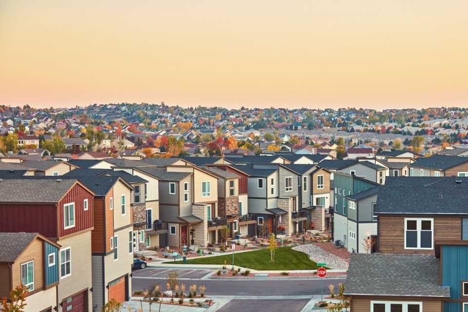 Beautiful neighborhood of homes at dusk