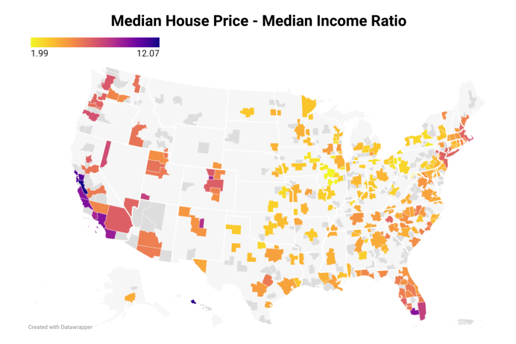 Image of U.S. map showing median house price and median income ratio