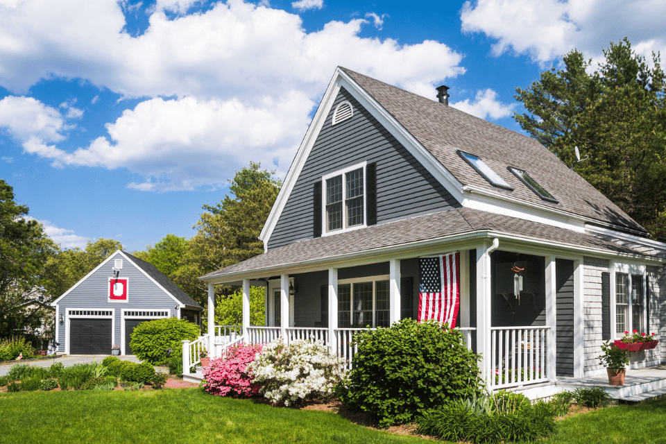 front view of a house in spring blooms