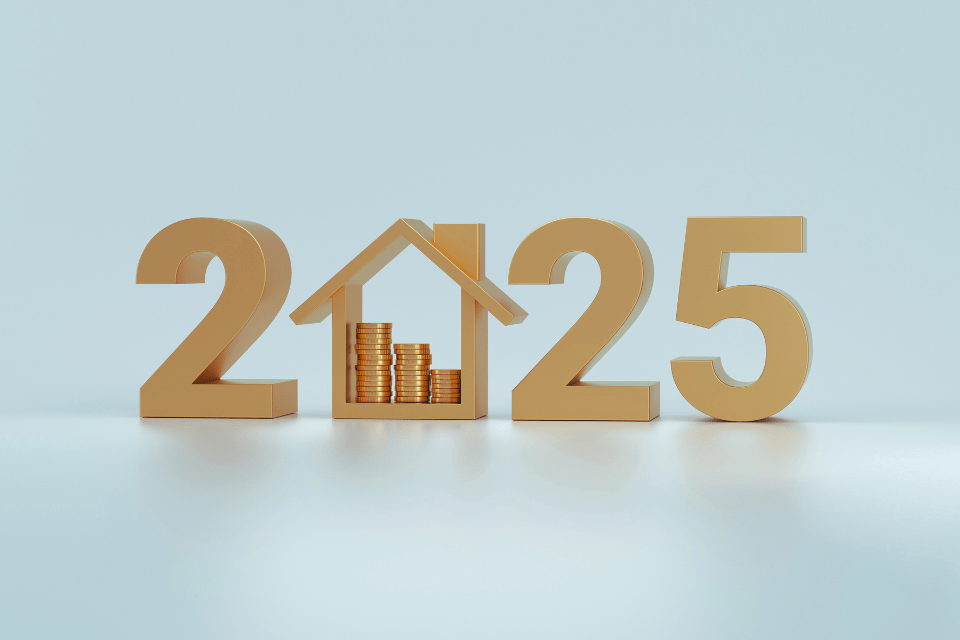 2025 real estate investment concept with gold coins and house icon