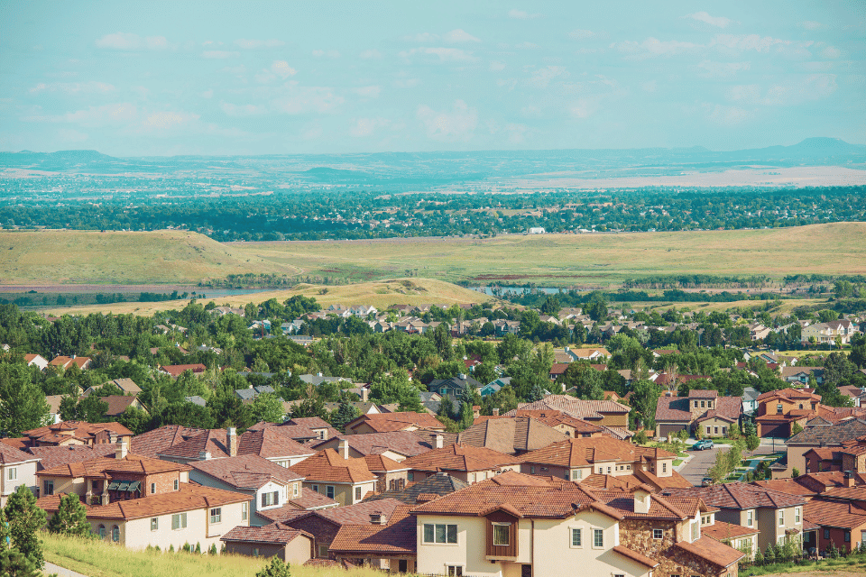 Image shows aerial view of neighborhood of houses