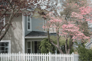 Image shows 1900s home with white picket fence and dogwood tree in Hood River, Oregon