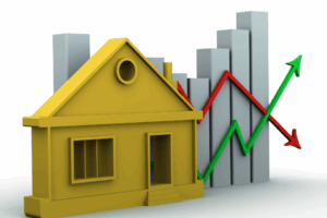 Image shows financial concept with charts displaying price changes and the symbolic house