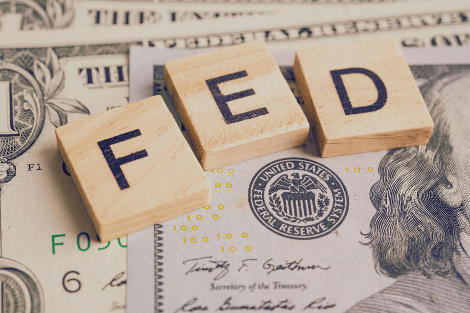 Image shows the word FED, the federal reserve bank, the central bank of the US