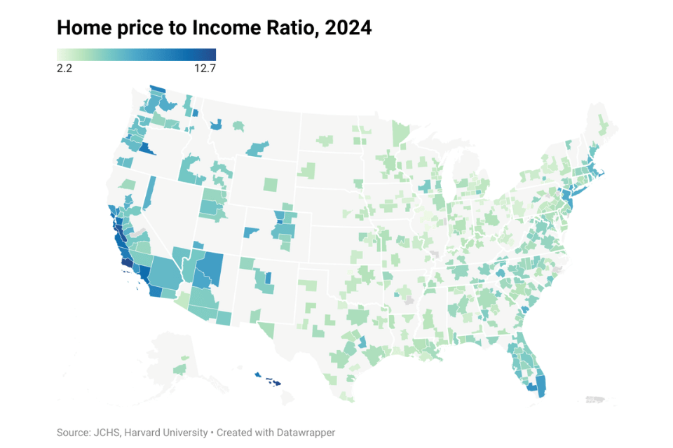 Image shows metro map of the US with home price to income ratios