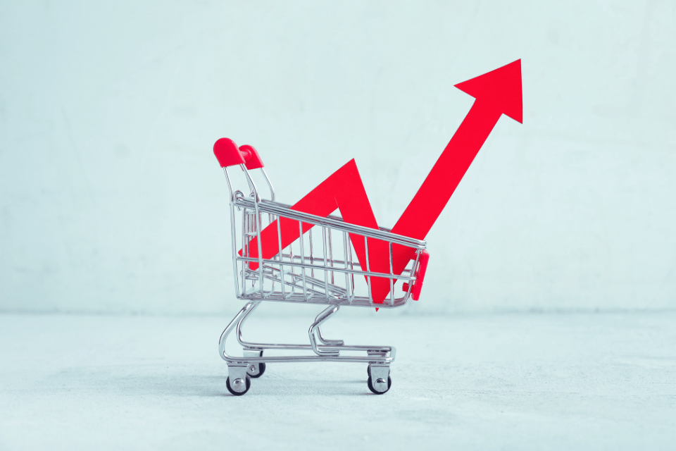 Image shows a shopping cart with upward pointing arrow, depicting price rise concept