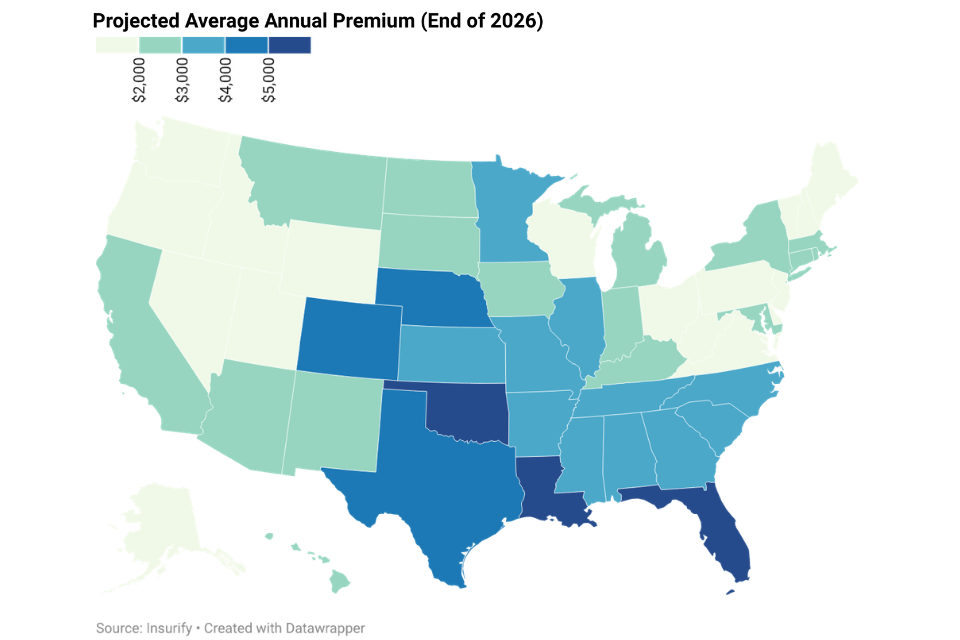 Map shows insurance rates by states in the U.S.