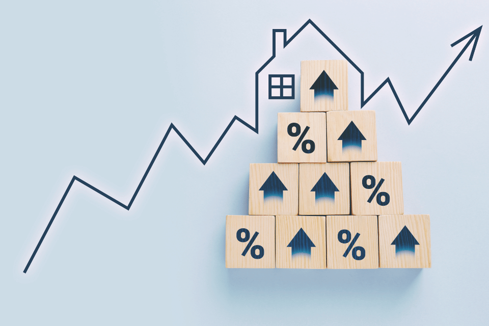 Image shows arrow with house shape above cubes with arrows and percent signs denoting mortgage rates